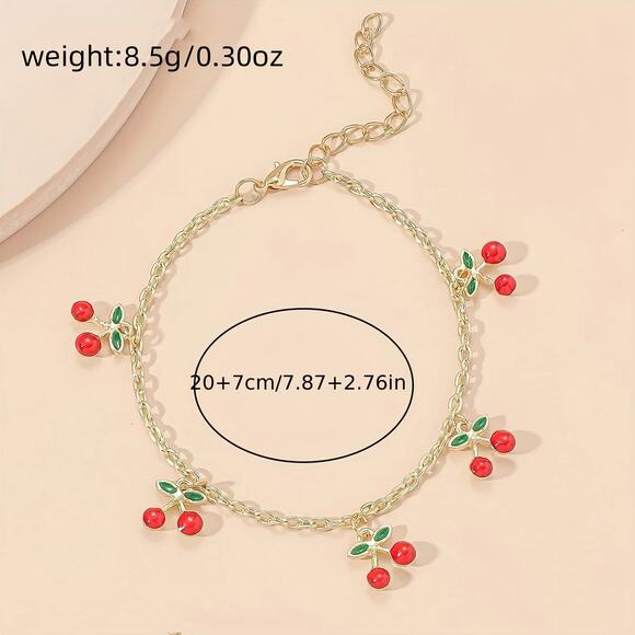 NEW Gold Anklet w/ Cherry Charms, Y2K cherry jewelry, Cherry bomb, Retro jewelry - Picture 4 of 4